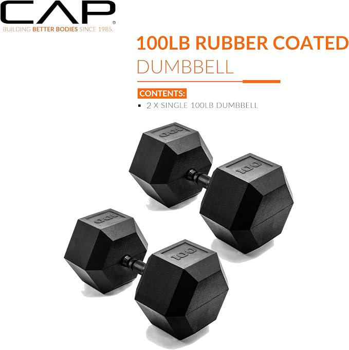 CAP Rubber Coated Dumbbell Weights, Free Weights for Home Gym Strength Training, Anti-Roll Hex Dumbbells with Black, Chrome & Comfort Grip Handles, Pairs & Sets