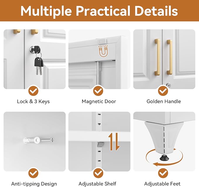 Polup 71" Tall Metal Armoire Wardrobe Closet with Doors and Lock | Wardrobe Cabinet, Hanging Rod, 3 Adjustable Shelves, Steel Clothing Storage Cabinet for Bedroom, Office, Employee, Gym, White