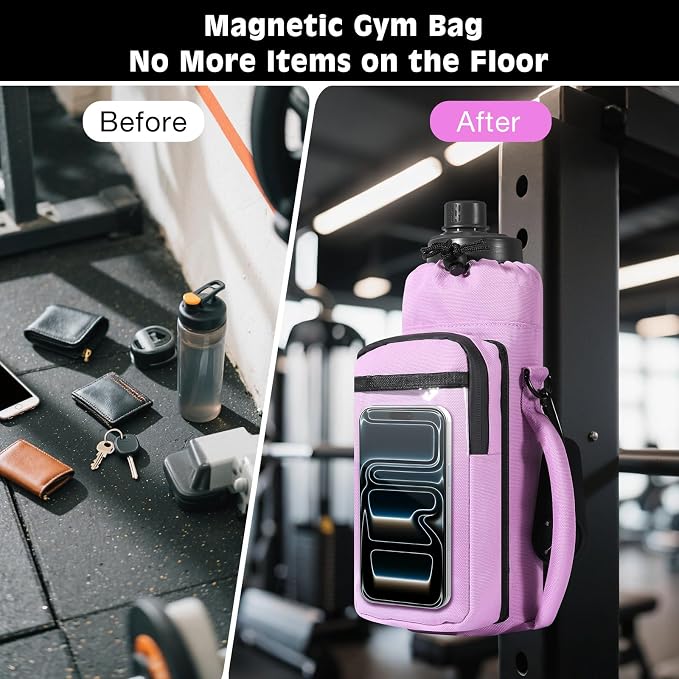MoKo Magnetic Gym Bag, Magnetic Water Bottle Holder with Clear Phone Pouch, Built-in 4 Magnets Fitness Bag for Men and Women Compatible with Most Water Bottles, Gym Accessories Gifts, Purple | Built-in 5 Magnets Fitness Bag for Men and Women Compatible...