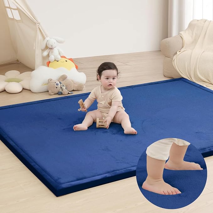 Baby Play Mat for Floor,1.3" Thick Memory Foam Tummy Time Mat,Water Repellent Soft Velvet Nursery Rug,Extra Large Non Slip for Crawling,Toddlers,Infants,Kids,Tatami Style for Living Room(Dark Blue)