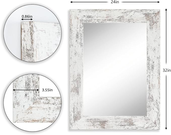 Syndra Wood Mirror with Frame, Rustic 24X32 Inch Wall Mounted Vanity Mirror with Large Wood Frame, Farmhouse Bathroom Mirror for Bedroom, Living Room, Entryway Wall Decor(White)