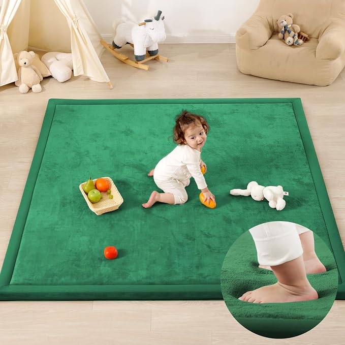 1.3" Thick Baby Floor Play Mat, 59x79 Padded Foam Tummy Time Crawling Mat, Non-Slip Water-Repellent Soft Plush Nursey Area Rug for Playroom Living Room (Emerald)