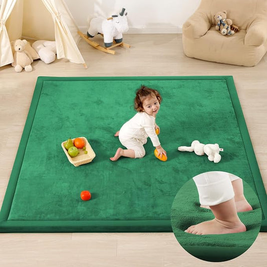1.3" Thick Baby Floor Play Mat, 59x79 Padded Foam Tummy Time Crawling Mat, Non-Slip Water-Repellent Soft Plush Nursey Area Rug for Playroom Living Room (Emerald)