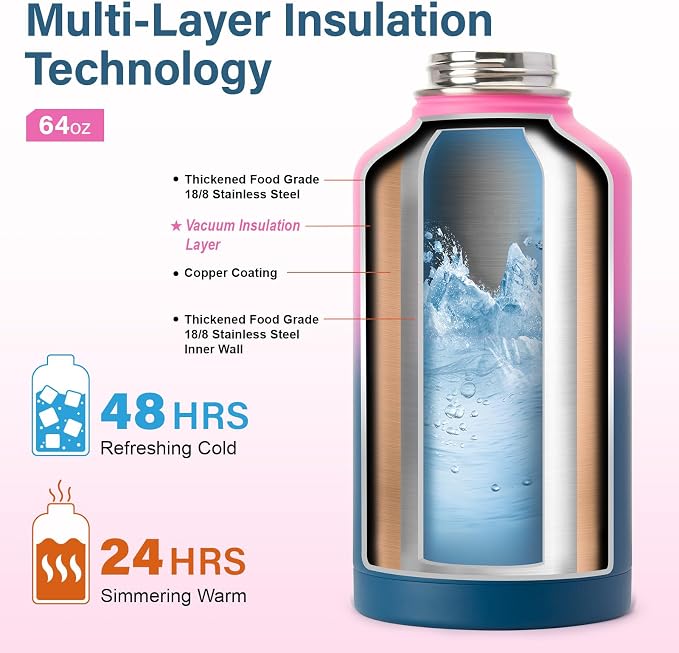 DYSANKY Insulated Water Bottle | Thickened Stainless Steel Vacuum Metal | Portable Sports Half Gallon Large Water Jug for Gym and Hiking with Straw, Carrier Bag, Handle Strap | BPA-Free 64 oz