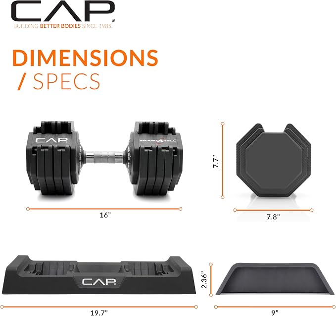 CAP ADJUSTABELL Adjustable Dumbbell Set, Premium Quick Select Adjustable Weights for Strength Training, Singles & Pairs, 12.5 LB, 25 LB & 55 LB, Round & Hex Dumbbells, Multiple Grip Handle Options