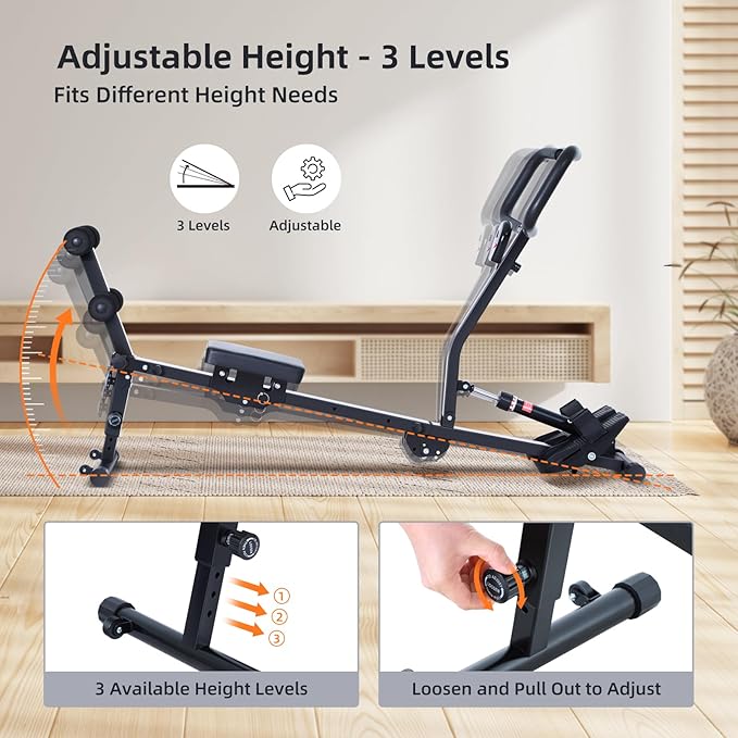 Sportneer Foldable Hydraulic Rowing Machine, 12-Level Home Gym Rower, Black | Multi Functional Row Machine with Transport Casters, Backrest, and 297lbs Max Weight Load