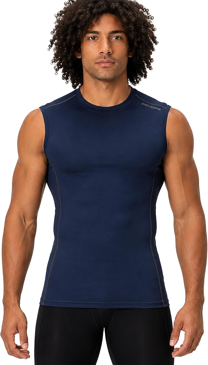 DEVOPS 3 Pack Men's Compression Shirts Sleeveless Tank Top Baselayer | Gym Training, Running, Moisture Wicking, Compression Fit, 4-Way Stretch, UPF 50+, Sleeveless