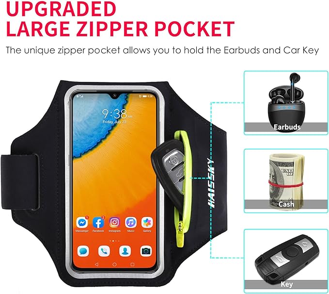 HAISSKY Running Armband with Earphone Pouch Fits Phones up to 6.9" | Cell Phone Armband for iPhone, Water Resistant & Breathable Sports Phone Holder & Zipper Pocket Car Key Holder for Jogging