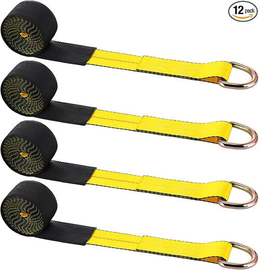 12 Pack 2" x 8ft Lasso Tow Truck Straps with D Ring 11, 000 Lbs Break Strength D Ring Auto Tie Down Wheel Lift Trailer Strap for Hauling Utv SUV Wrecker Rollback (Yellow)