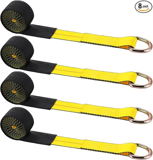 8 Pack 2" x 8ft Lasso Tow Truck Straps with D Ring 11, 000 Lbs Break Strength D Ring Auto Tie Down Wheel Lift Trailer Strap for Hauling Utv SUV Wrecker Rollback (Yellow)