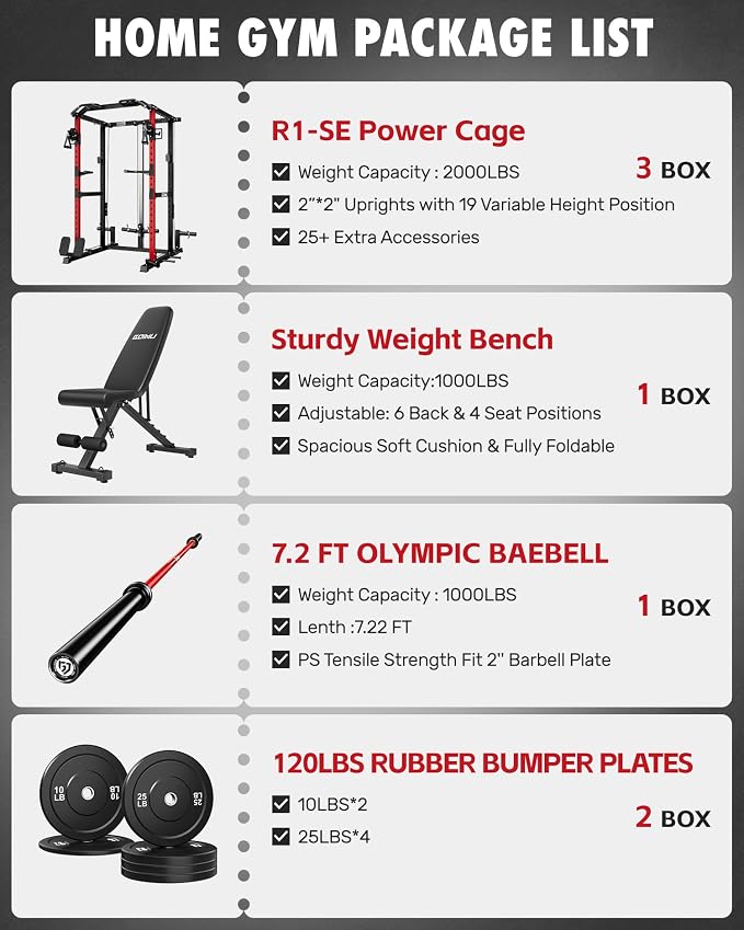 RH01 Power Cage Rack, 2000LBS Squat Rack with with Cable Crossover System&LAT Pull Down System, Multi-Function Workout Cage for Home&Garage Gym