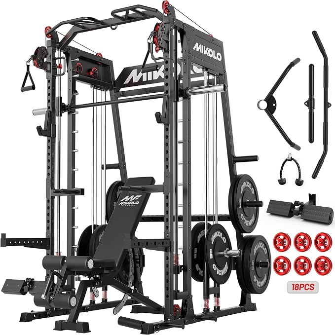 Mikolo M4 2.0 Smith Machine, 2200lbs Squat Rack with LAT-Pull Down System & Cable Crossover Machine, Training Equipment with Leg Hold-Down Attachment