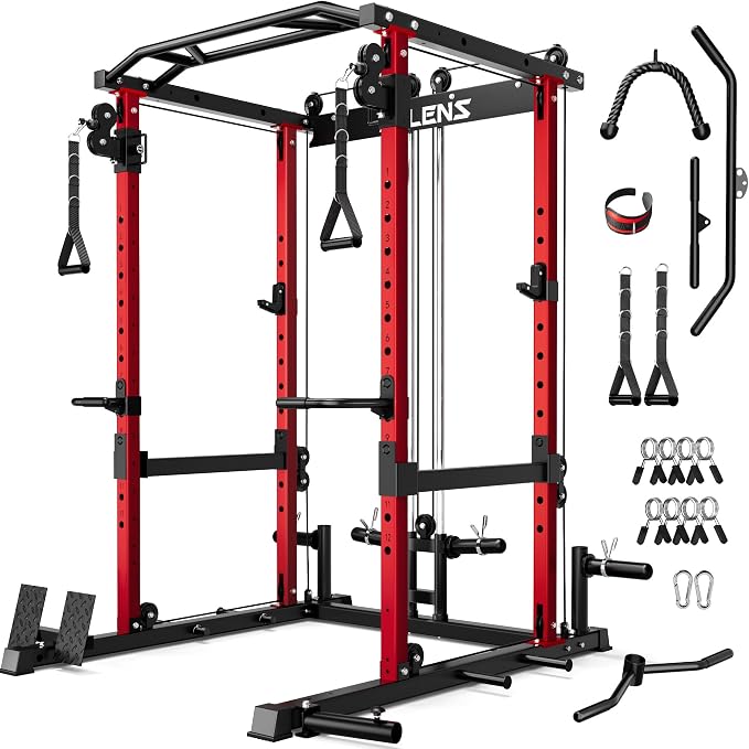 JELENS C12 Power Rack, 2000LBS Squat Rack with Cable Crossover System, Workout Cage with More Training Attachments for Home Gym