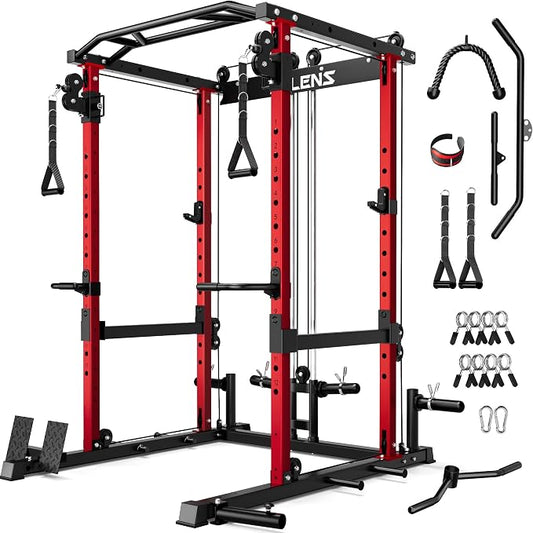 JELENS C12 Power Rack, 2000LBS Squat Rack with Cable Crossover System, Workout Cage with More Training Attachments for Home Gym