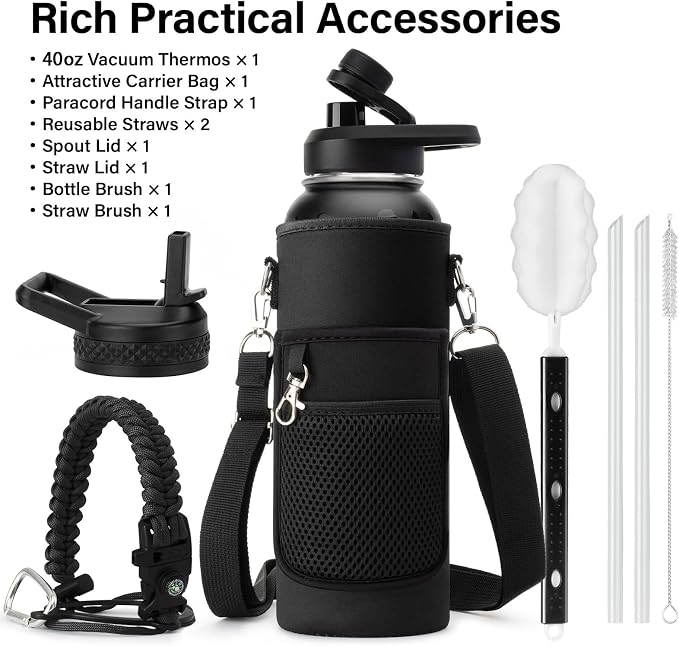 DYSANKY Insulated Water Bottle | Thickened Stainless Steel Vacuum Metal | Portable Sports Water Jug for Gym and Hiking with Straw, Carrier Bag, Handle Strap | BPA-Free 40 oz