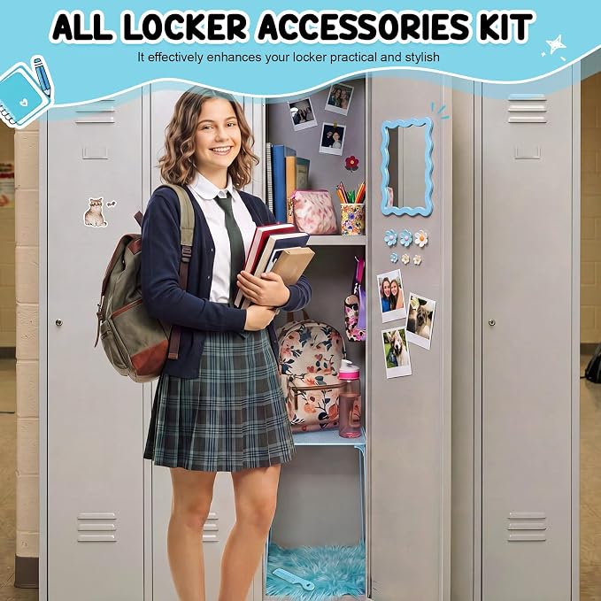 RattanView 10 Pcs Locker Decoration Kit Magnetic Acrylic Mirror Plush Rug Small Comb 6 Flower Magnet Locker Organizer for Back to School Teen Student Girl Office Work Lockers Accessories Gift(Blue)