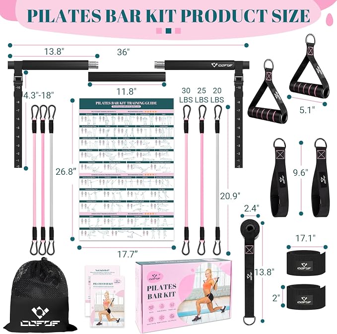 Pilates Bar Kit with Resistance Bands, Multifunctional Yoga Pilates Kit | Heavy-Duty Metal Adjustment Buckle, Portable Home Gym Pilates Resistance Bar Kit for Women Full Body Workouts