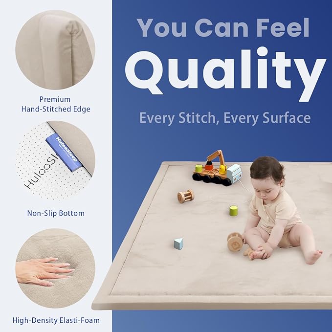 Huloo Sleep Baby Play Mat for Floor,1.3" Thick Elasti-Foam 50x50 Playpen Mat for Toddlers Infant Kids,Water-Repellent Soft Coral Velvet Tummy Time Mat,Non Slip Crawling Mat,Tatami Mat(Beige)