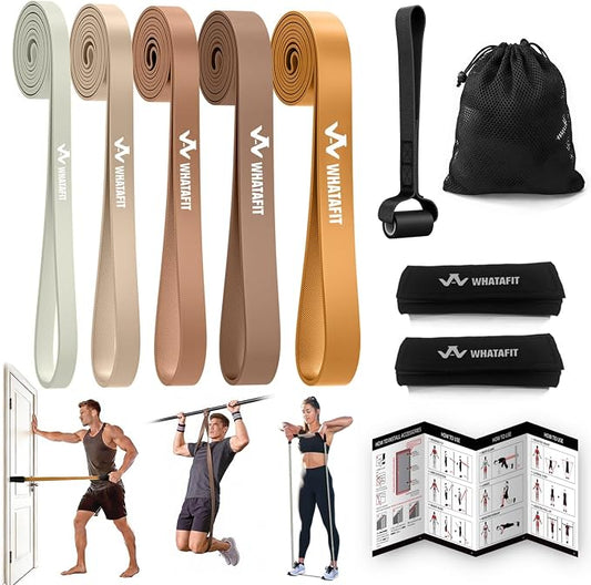WHATAFIT Resistance Bands, Pull Up Assist Bands with Handles, Door Anchor | Natural Latex Rubber, Progressive Tension, Exercise Loop for Full-Body Fitness, Portable Gym Bag, Warm-Up & Stretch