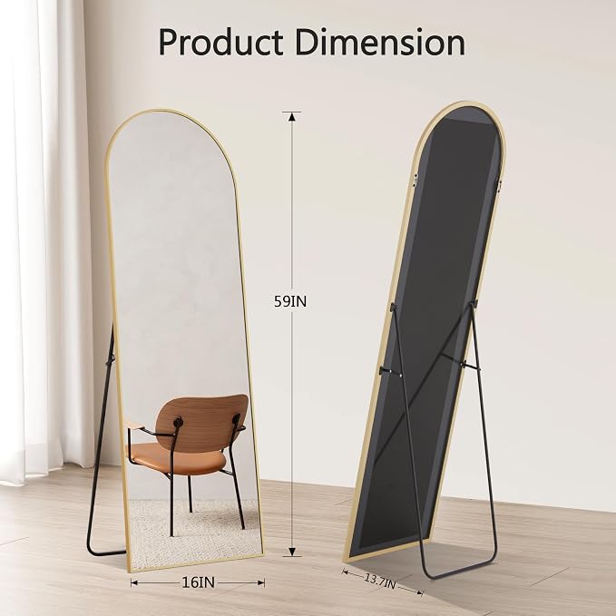 Simple Deluxe Arched Full Length Mirror, 59"x16" Large Floor Mirrors, for Wall Door Bedroom Bathroom Living Room (Gold)