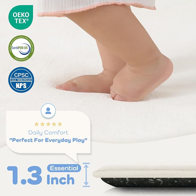 1.3" Thick Baby Play Mat for Floor, 79x79 Soft Foam Play Mats Cream | Memory Mat for Baby to Play on Floor Waterproof Easy Care with Non-Slip Tummy Time Play Mat for Nursery Playroom Classroom