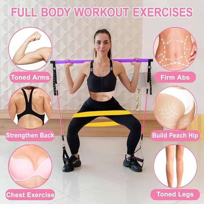 Bbtops Pilates Bar Kit with Resistance Bands,Pilates Bar with Stackable Bands Workout Equipment for Legs,Hip,Waist and Arm,Exercise Fitness Equipment for Women & Men Home Gym Yoga Pilates