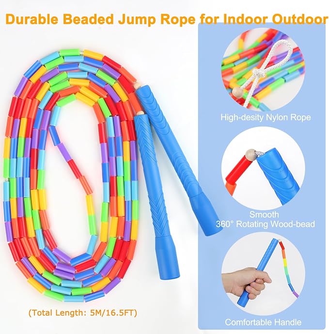 16.5FT Double Dutch Jump Ropes for Adults Kids 2-PACK | Rainbw Long Jump Rope, 1” Beaded Jump Rope for Fitness, Segmented Skipping Ropes for Exercise Training, Tangle-Free