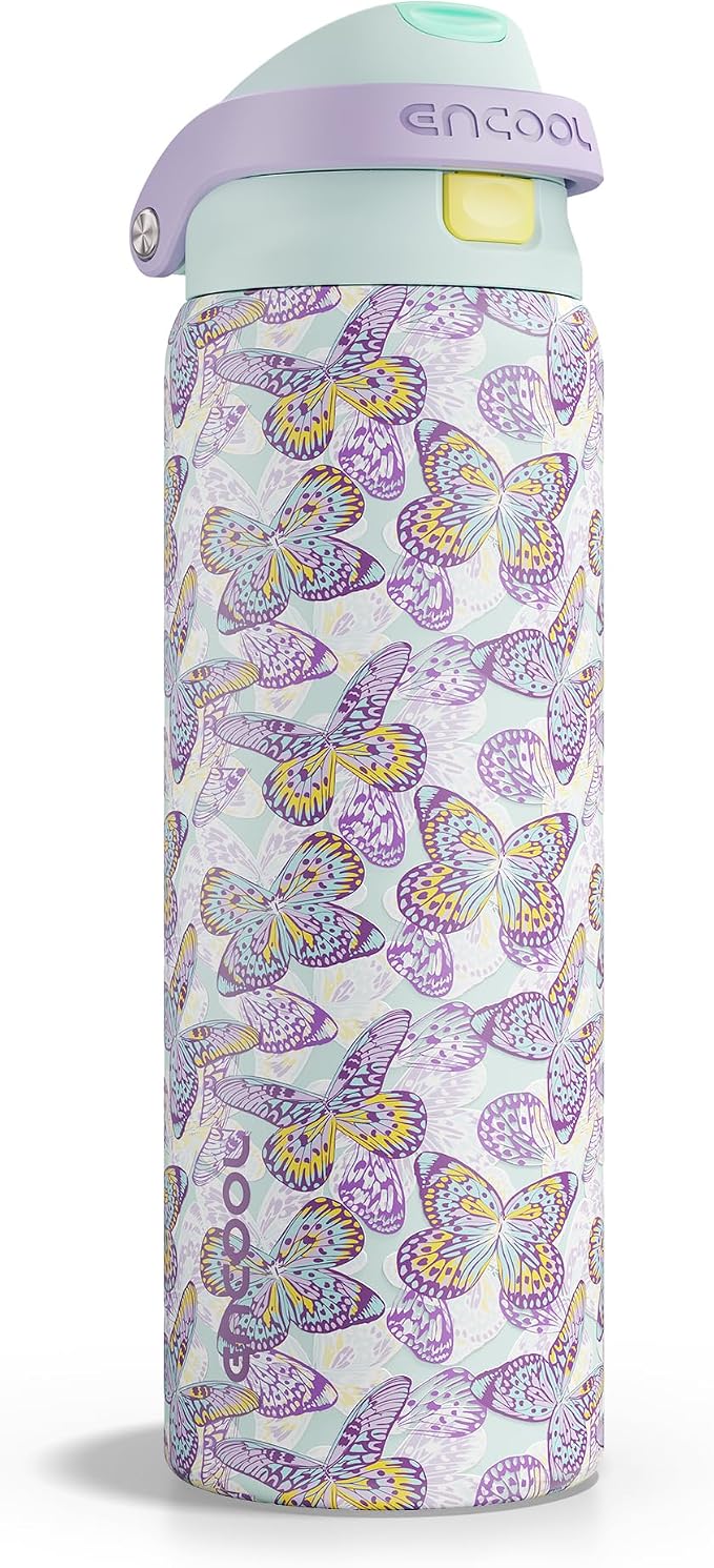 ENCOOL Leakproof Insulated Water Bottle with Straw Dual-Sip Water Bottle Bag-Safe Design for Work, Commute & Gym – Keeps Drinks Cold All Day, 32 oz, Mosaic Butterfly