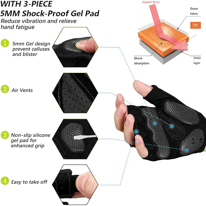 Cycling Gloves Bike Bicycle Gloves, Half Finger 5MM Gel Anti-Slip | Biking Gloves for Men Women Gym workout exercise Motorcycle Hiking Rowing Outdoor Sports