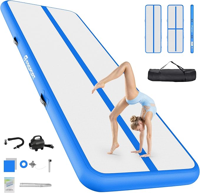 FBSPORT 6.6ft/10ft/13ft/16ft/20ft Inflatable Air Gymnastics Training Mat | 4/6/8 inches Thickness Inflatable Mat, with Electric Pump, Suitable for Home Training/Cheerleading/Yoga/Water