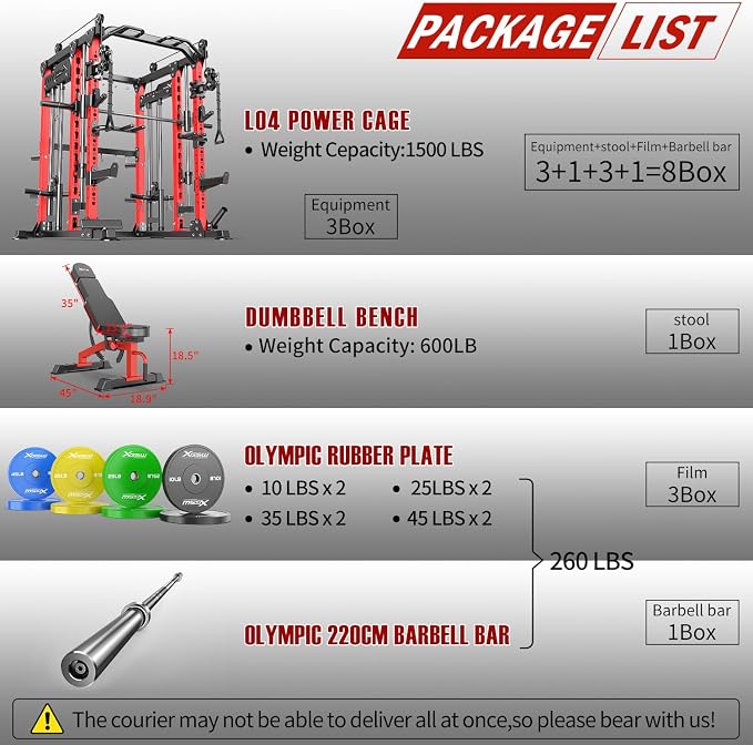 Smith Machine with Cable Crossover System, Multi-Function Power Cage Squat Rack for Home Gym, Power Rack and Packages Weight Sets.