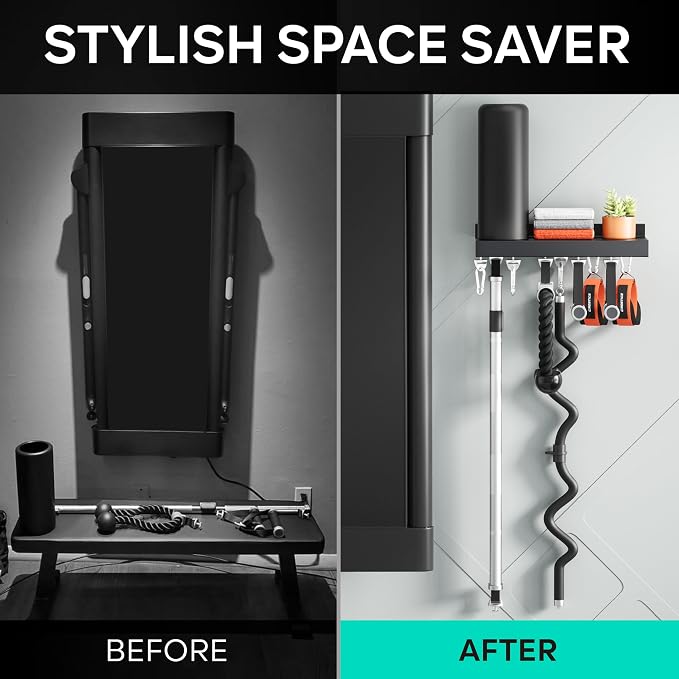 Metal Shelf Compatible with Tonal Accessories, Home Gym Storage | Floating Shelf Organizer for Home Gym, T-Lock Adapters Bracket Hanger, Gym Rack Wall Mounted with Hooks, Black Workout Holder
