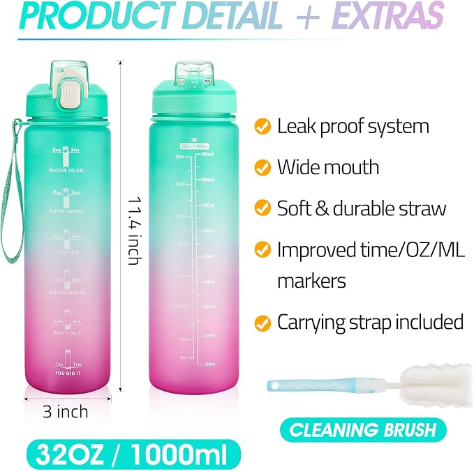 YC Kitchen 32oz Motivational Water Bottle with Straw & Carrying Strap | Leak-proof BPA Free Sports Water Bottles with Time Marker, with Times to Drink,Fitness, Gym, and Outdoor Sports