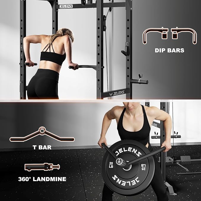 JELENS S21 Power Cage, Multi-Function Power Rack with Adjustable Cable Crossover System, 2000LBS Squat Rack for Home Gym with More Training Attachments