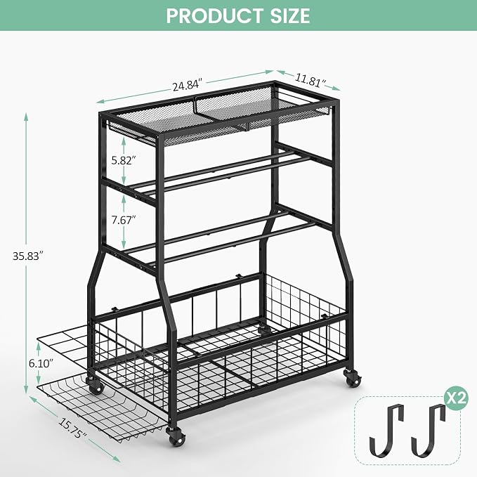 Home Gym Storage Rack, Dumbbell Rack with Yoga Mat Storage, Weight Rack Stand with Lockable Wheels and Hooks, Home Workout Equipment Organizer for Yoga, Dumbbell, Kettlebells, Ball Storage