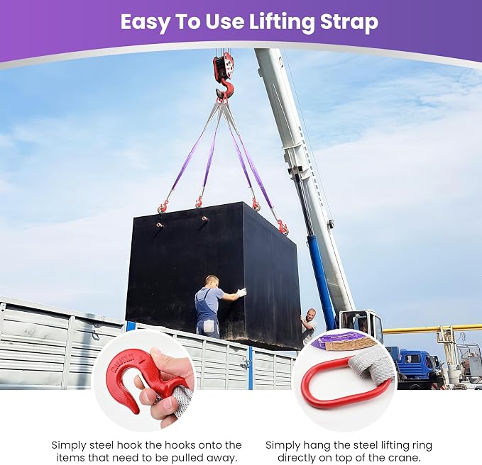 Lifting Slings Straps with Hooks - 3.3 FT, 4409LB Pounds Capacity, Polyester Bridle Sling, Heavy Duty Two Leg Rigging Strap for Engines, Cranes, Hoists, Truck, Purple