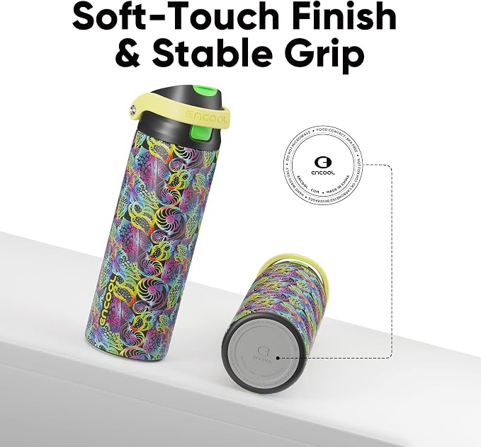 ENCOOL Leakproof Insulated Water Bottle with Straw Dual-Sip Water Bottle Bag-Safe Design for Work, Commute & Gym – Keeps Drinks Cold All Day, 24 oz, Neon Conch