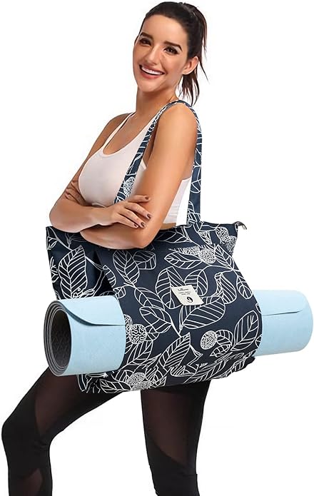 WLLWOO Yoga Mat Carrier Bag for Women Canvas Carryall Tote Gym Pilates | Large Holder Zipper Shoulder for Beach Travel Workout Fitness Office