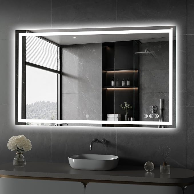 Koonmi 48x28 LED Bathroom Mirror with Light, Anti-Fog, 3 Colors | Backlit + Front Lit, Dimmable Brightness, Shatterproof HD Distortion-Free Tempered Glass, Hardware Included