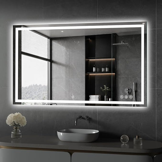 Koonmi 48x28 LED Bathroom Mirror with Light, Anti-Fog, 3 Colors | Backlit + Front Lit, Dimmable Brightness, Shatterproof HD Distortion-Free Tempered Glass, Hardware Included