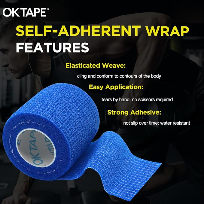 OK TAPE 12 Rolls Self Adhesive Bandage Wrap, Cohesive Elastic Athletic Tape | Vet Wrap, Sports Tape, Medical Wrap for Wrist, Feet, Self Stick Bandage Tape, 2" x 5 Yards - Blue