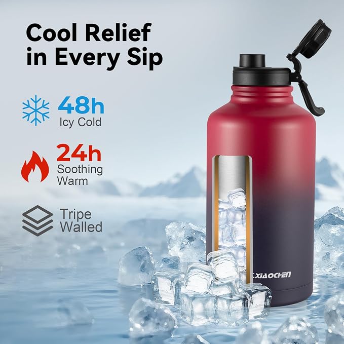 KXIAOCHEN Insulated Water Bottle with Strap, 48-Hour Cold, 2 Lids | Triple-wall insulation, lead-free 18/8 Stainless steel, paracord handle, carabiner clip, for gym, hiking, camping and travel