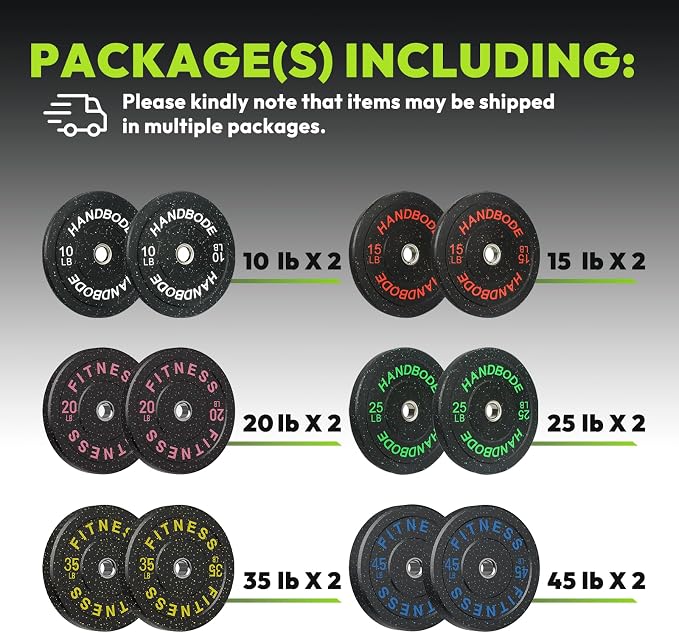 HANDBODE 2-Inch High-Bounce Bumper Plates, Olympic Weight Set, 10-650 lb | Barbell Weight Plates Set for Home Gym, Colored Weights Rubber Strength Training Plate for Weight Lifting