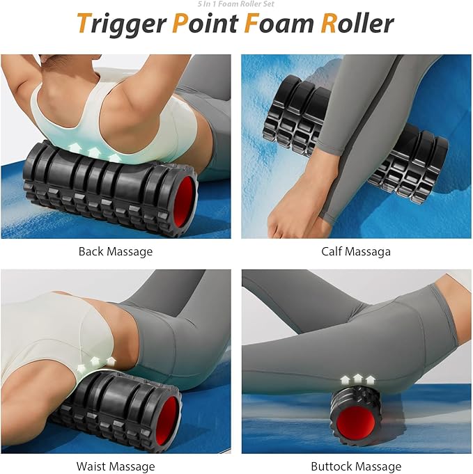 SUBCULTUREPICK 5 in1 Foam Roller Set, Trigger Point Foam Roller Deep Tissue | Massage Roller Stick, Massage Ball, Resistance Band for Physical Therapy, Pilates Yoga,Fitness Exercise for Whole Body Black