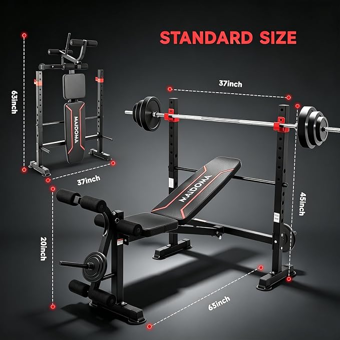 MAIDOMA 1500LBS Foldable 8 IN 1 Weight Bench with Upgraded Leg Extension | Adjustable Flat Incline Decline Bench Press Set with Wide Squat Rack for Full Body Home Gym Workout (US Stock)