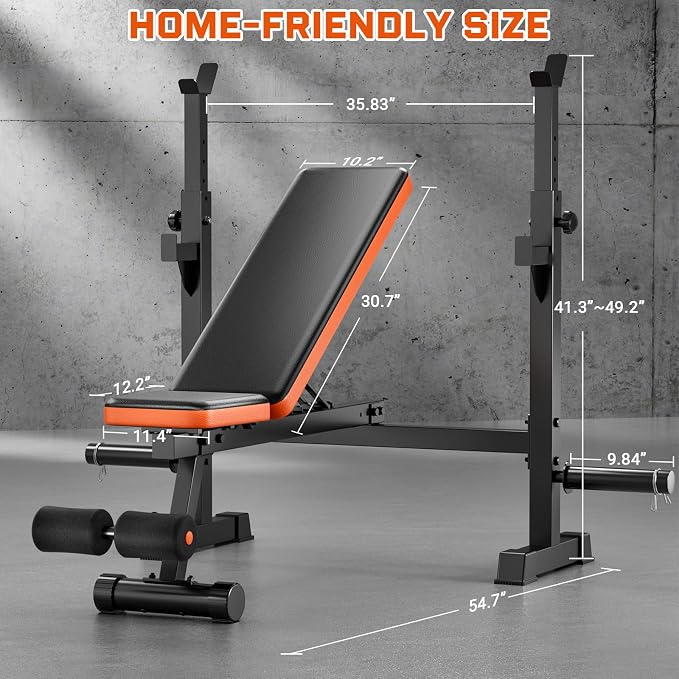 Fostoy Adjustable Weight Bench with Squat Rack & Incline Design | 770LB Heavy Duty, Flat & Incline Positions, Removable Foot Catch, Olympic Bench Press Station, Home Gym Strength Training