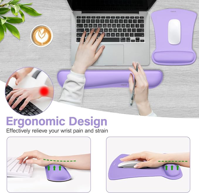 MOSISO Wrist Rest Support for Mouse Pad & Keyboard Set, Ergonomic Mousepad Non-Slip Base Home/Office Pain Relief & Easy Typing Cushion with Neoprene Cloth & Raised Memory Foam, Light Purple
