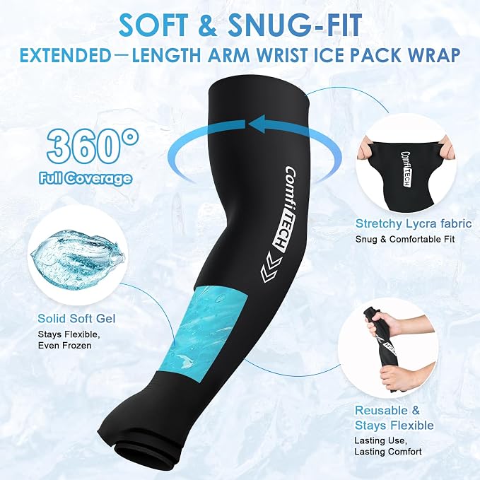 ComfiTECH Full Arm Wrist Ice Pack Wrap, Tennis Cold Sleeve, L, 2P | Flexible Extended Elbow Ice Sleeve for Pitchers, Golfers Players, Reusable Cold Brace for Muscle Comfort, Throwing Recovery