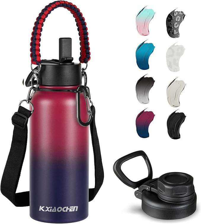 KXIAOCHEN Insulated Water Bottle with Strap, 48-Hour Cold, 2 Lids | Triple-wall insulation, lead-free 18/8 Stainless steel, paracord handle, carabiner clip, for gym, hiking, camping and travel