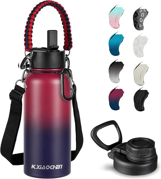 KXIAOCHEN Insulated Water Bottle with Strap, 48-Hour Cold, 2 Lids | Triple-wall insulation, lead-free 18/8 Stainless steel, paracord handle, carabiner clip, for gym, hiking, camping and travel